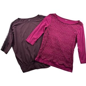 Garnet Hill Womens Size S Top Lot 2 Purple Pink Lace 3/4 Sleeve Romantic Cottage